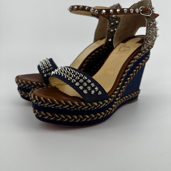 Louboutin Denim Wedge with Spike Accents - Size 39 - Picture 4 of 7